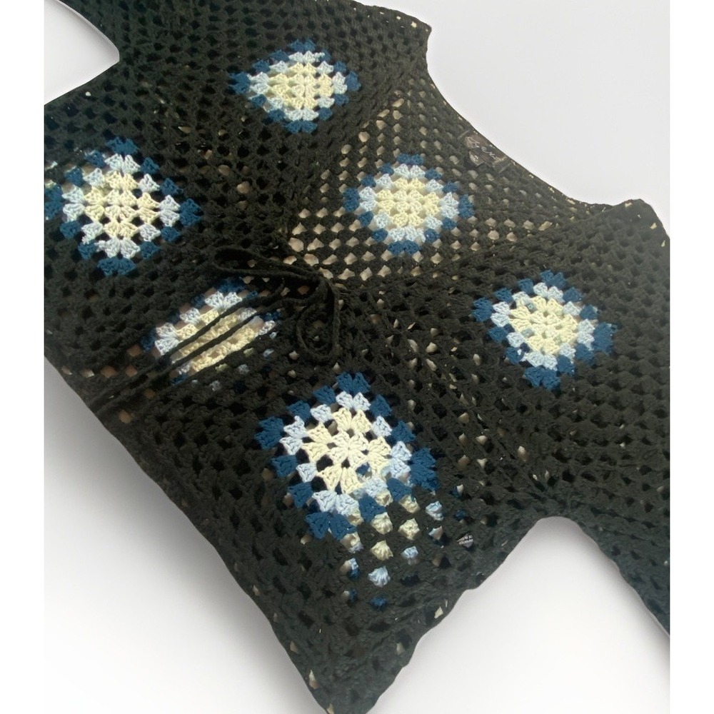 Black Blue Crochet Granny Square Boho Crop Sweater Hippy XL‎ Festival Goth Fairy